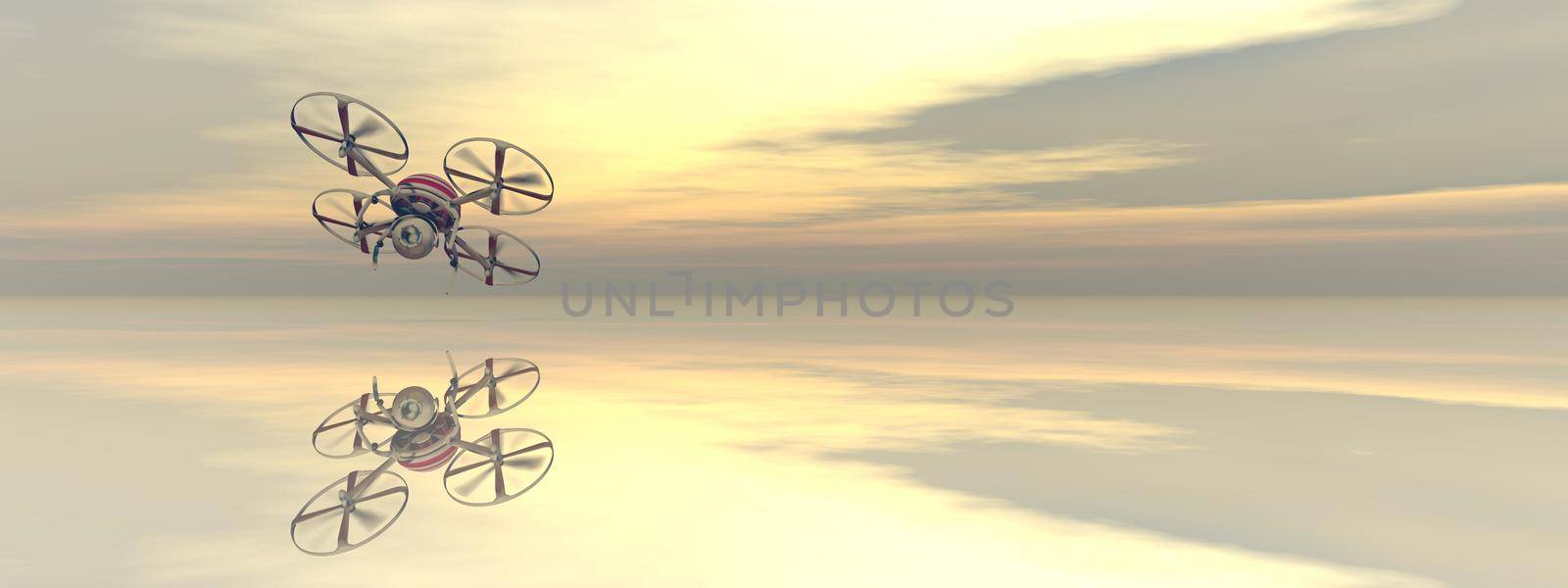 very beautiful landscape of nature with a white drone in flight - 3d rendering