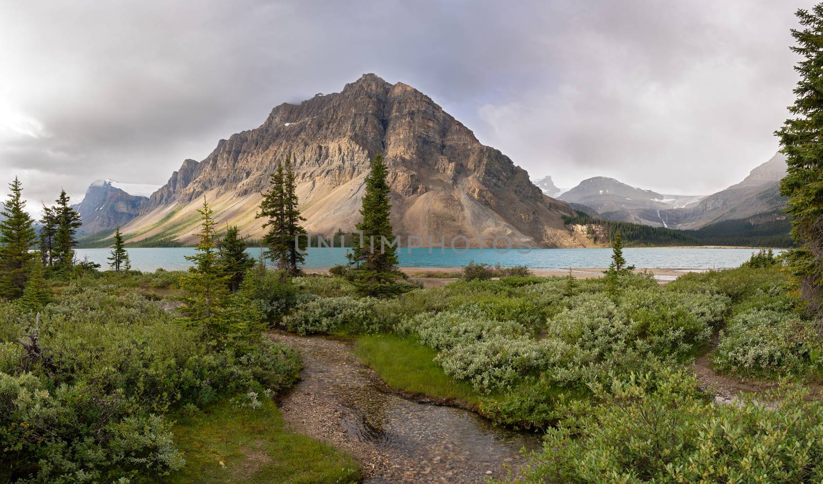 Beautiful Bow Lake on a cloudy day, Icefield Parkway, Banff National Park, Alberta, Canada