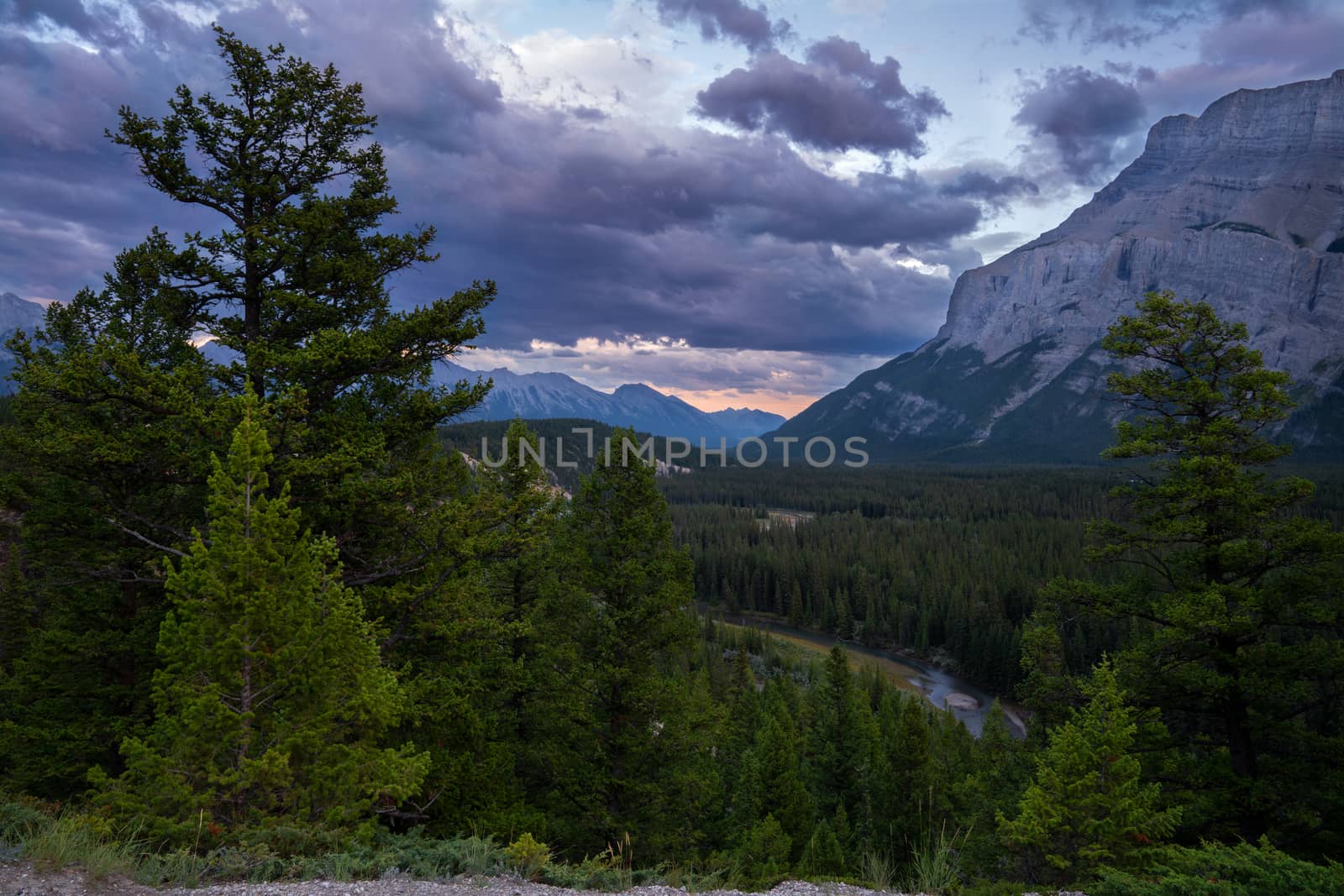 Panoramic image of the landscape close to Banff during sunset, Alberta, Canada