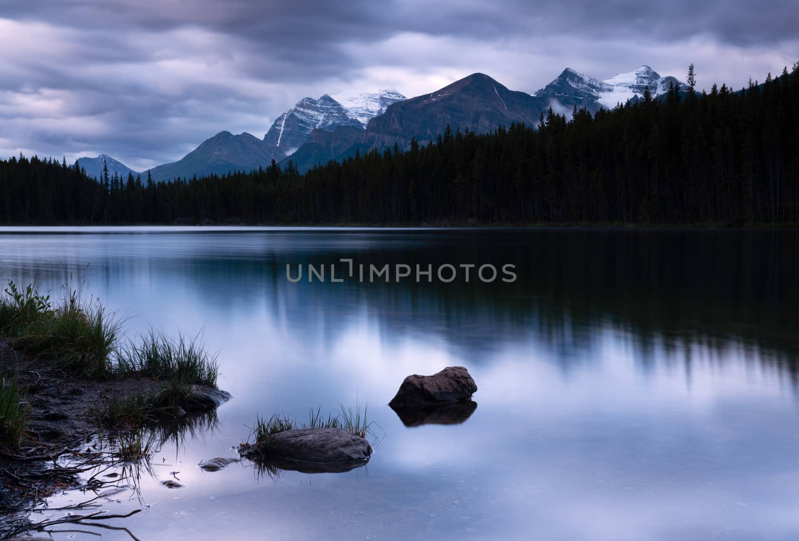 Daybreak at the beautiful Herbert Lake on a cloudy day, Icefield Parkway, Banff National Park, Alberta, Canada