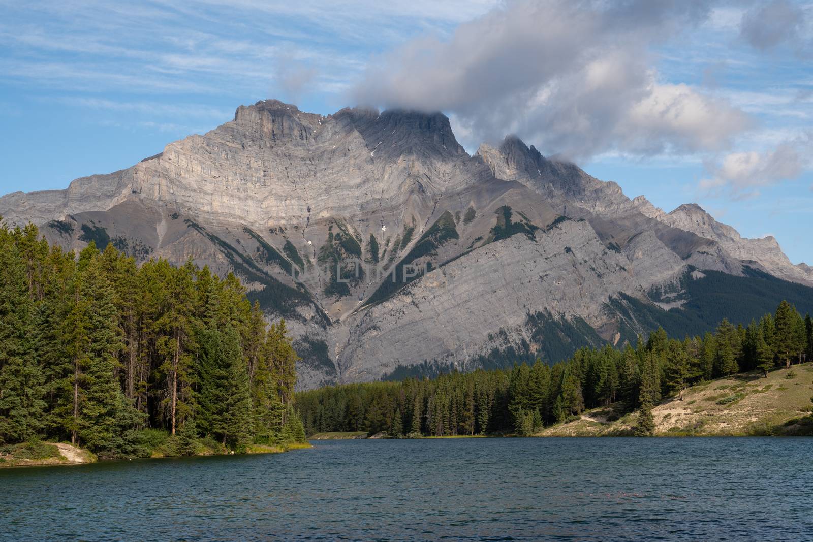Panoramic image of Johnson Lake close to Banff, Alberta, Canada