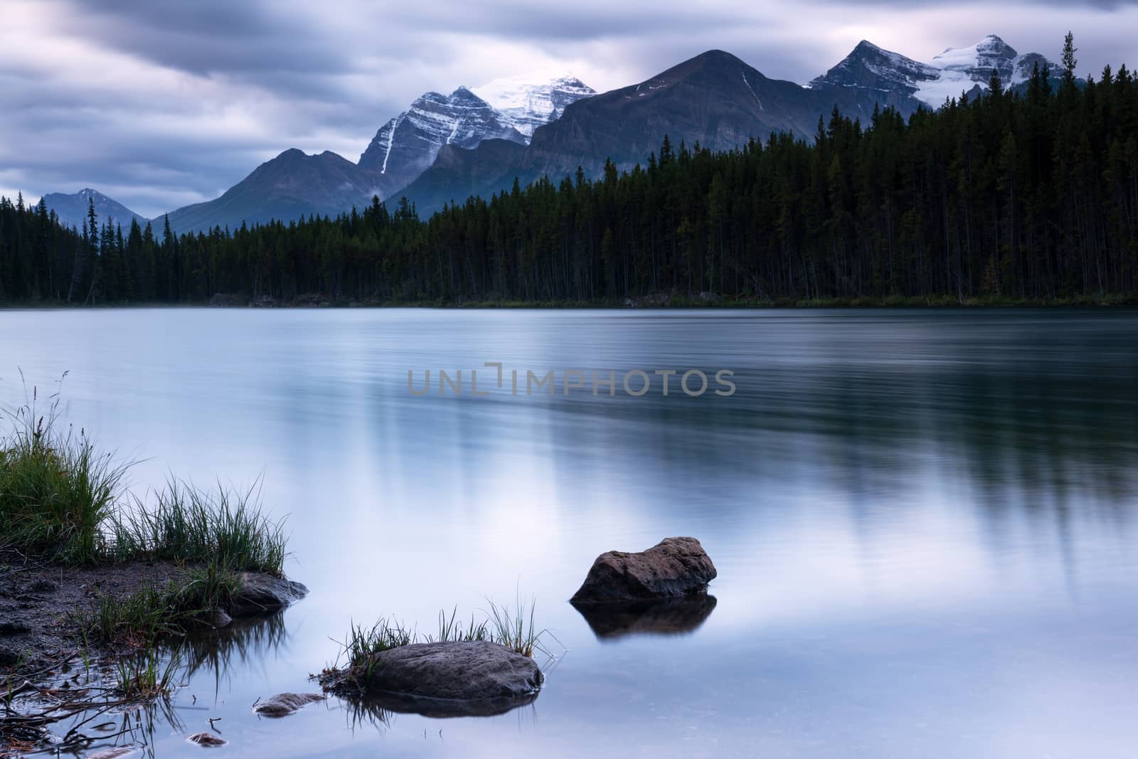 Daybreak at the beautiful Herbert Lake on a cloudy day, Icefield Parkway, Banff National Park, Alberta, Canada