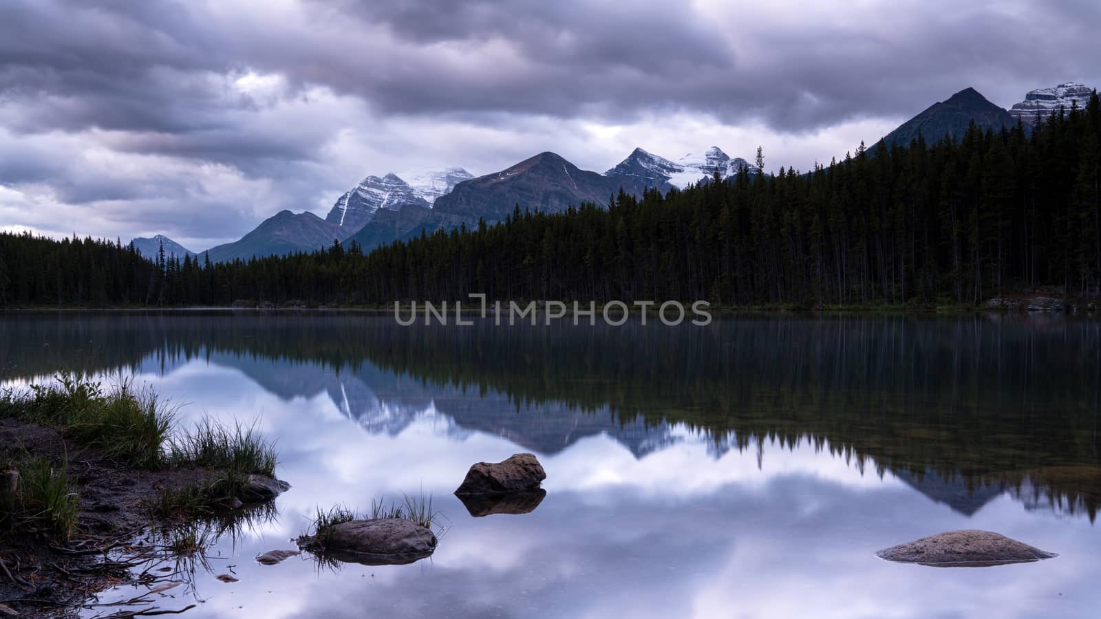 Daybreak at the beautiful Herbert Lake on a cloudy day, Icefield Parkway, Banff National Park, Alberta, Canada