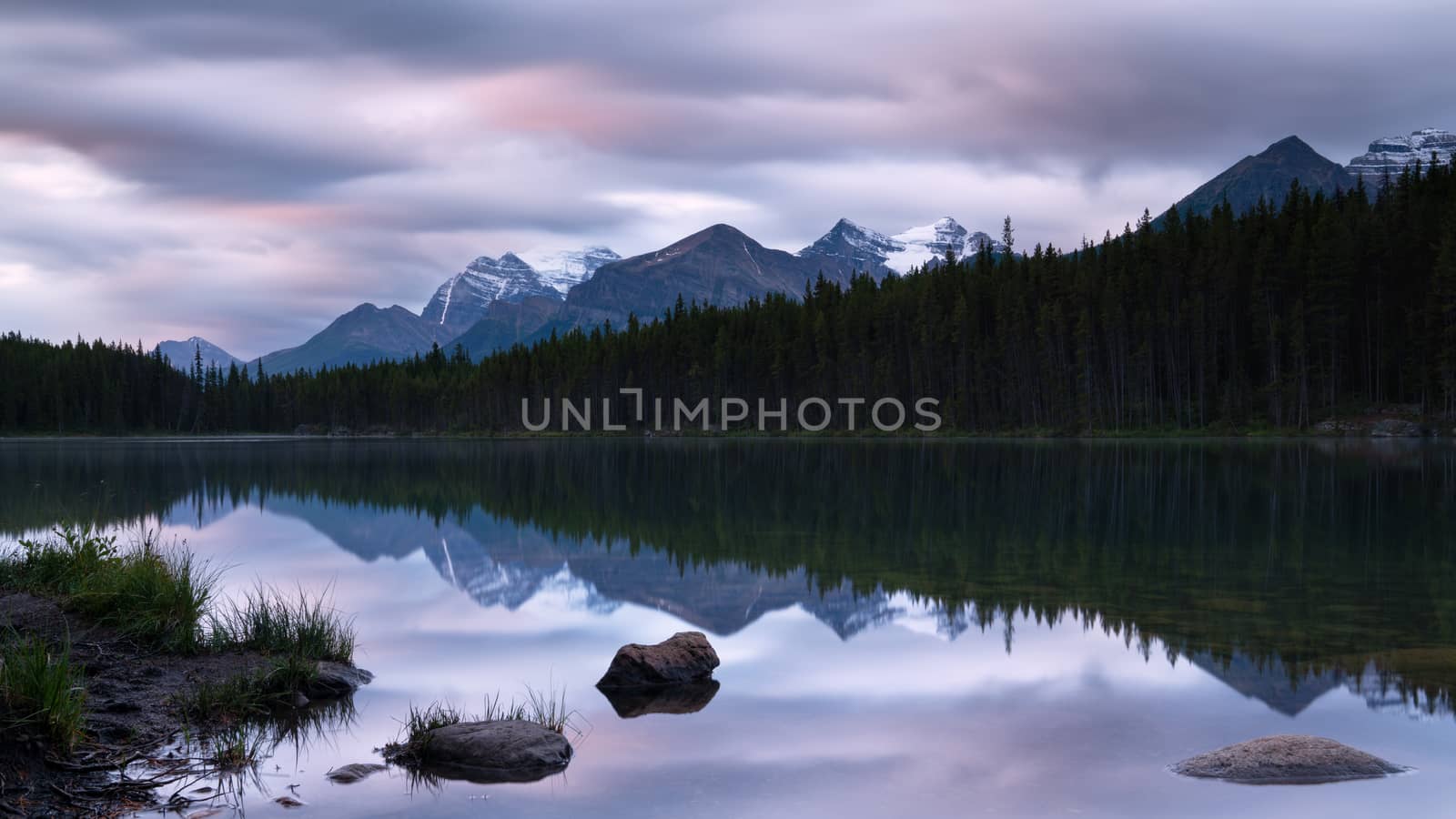 Daybreak at the beautiful Herbert Lake on a cloudy day, Icefield Parkway, Banff National Park, Alberta, Canada