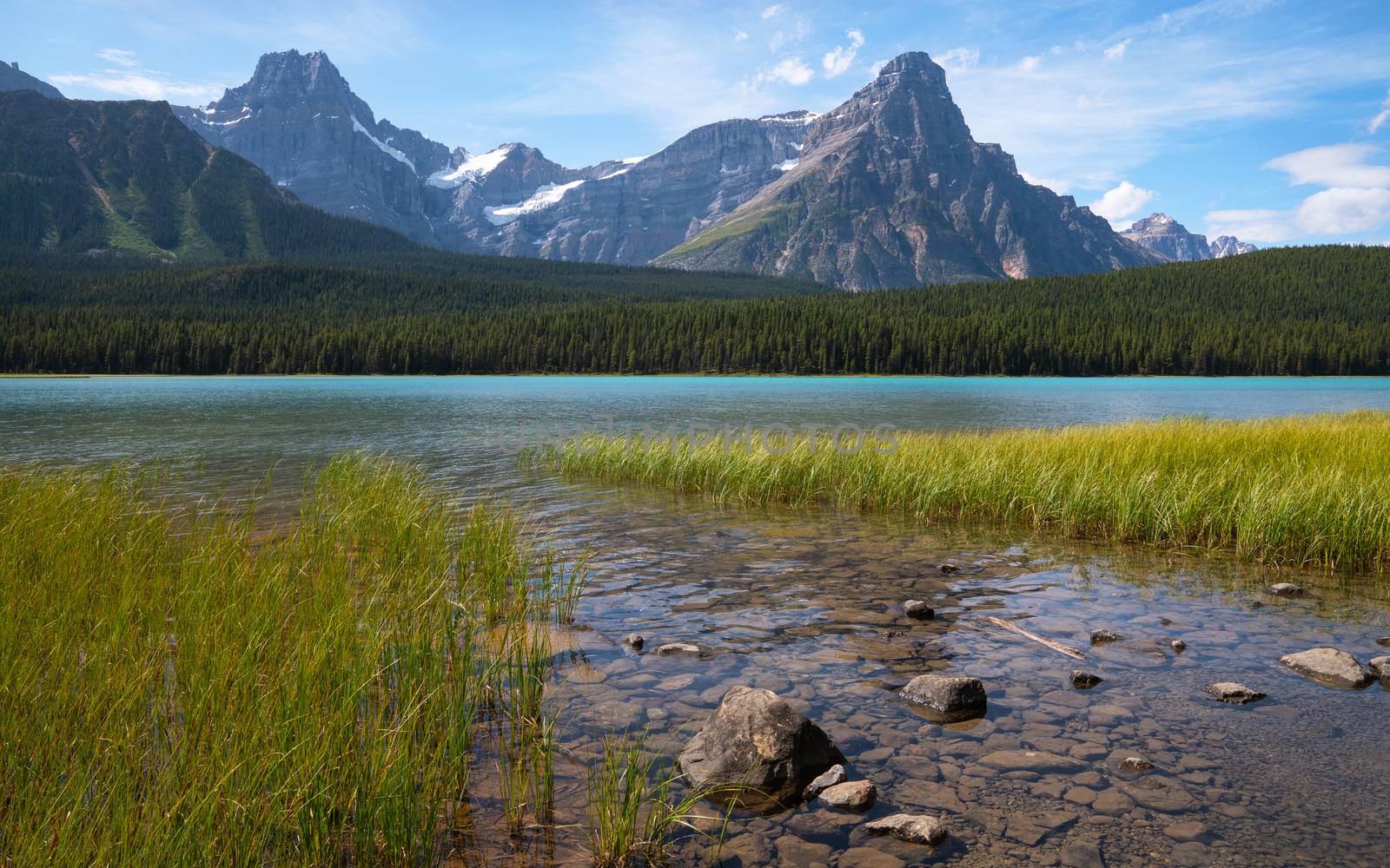 Beautiful Waterfowl Lake on a sunny day, Icefield Parkway, Banff National Park, Alberta, Canada