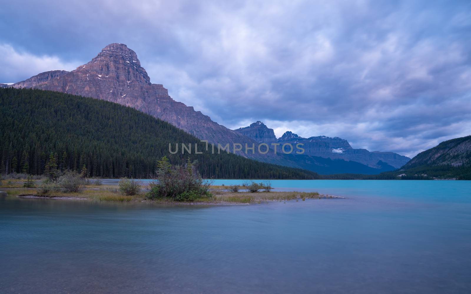 Panoramic image of the Waterfowl Lakes at sunrise, Banff National Park, Icefield Parkway, Alberta, Canada