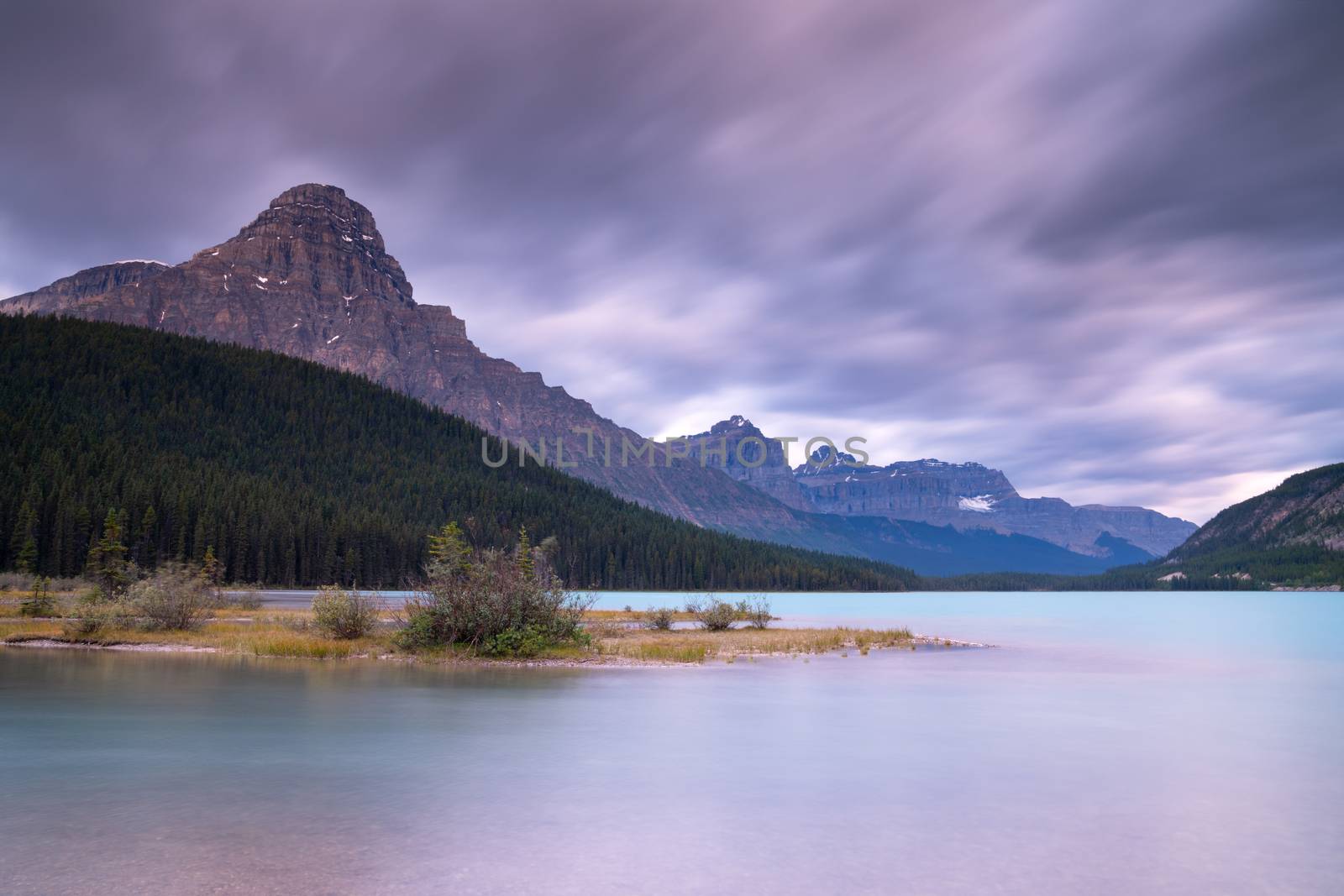Panoramic image of the Waterfowl Lakes at sunrise, Banff National Park, Icefield Parkway, Alberta, Canada