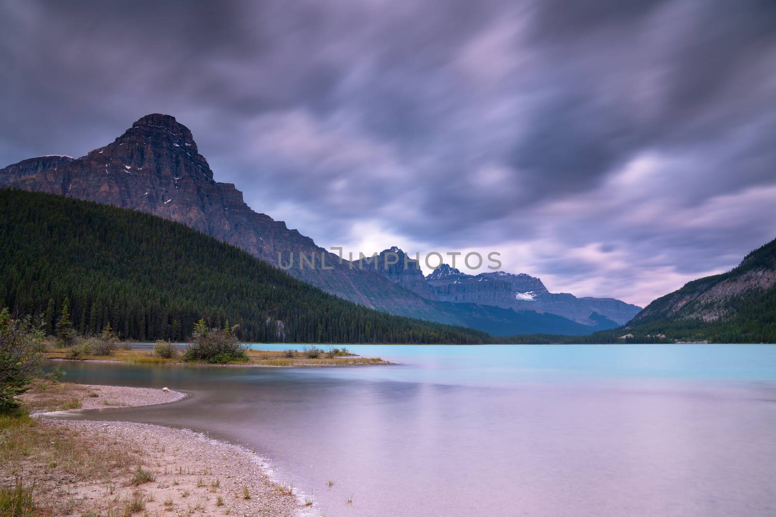 Panoramic image of the Waterfowl Lakes at sunrise, Banff National Park, Icefield Parkway, Alberta, Canada