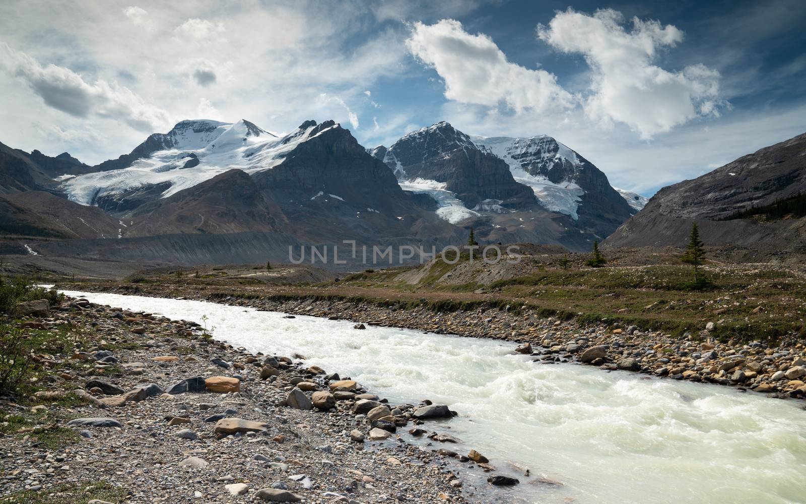 Panoramic image of the glacier landscape within the Jasper National Park, Rocky Mountains, Alberta, Canada
