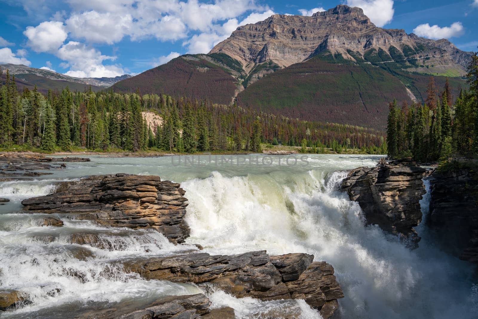 Panoramic image of the Athabasca Falls, beautiful place close to the Icefields Parkway, Jasper National Park, Alberta, Canada