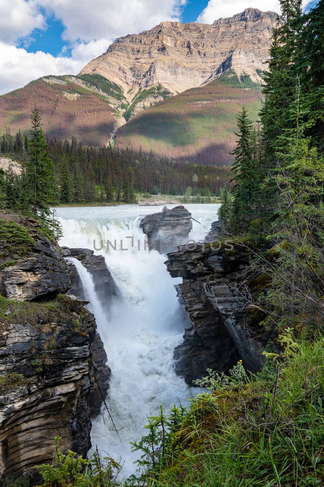 Panoramic image of the Athabasca Falls, beautiful place close to the Icefields Parkway, Jasper National Park, Alberta, Canada