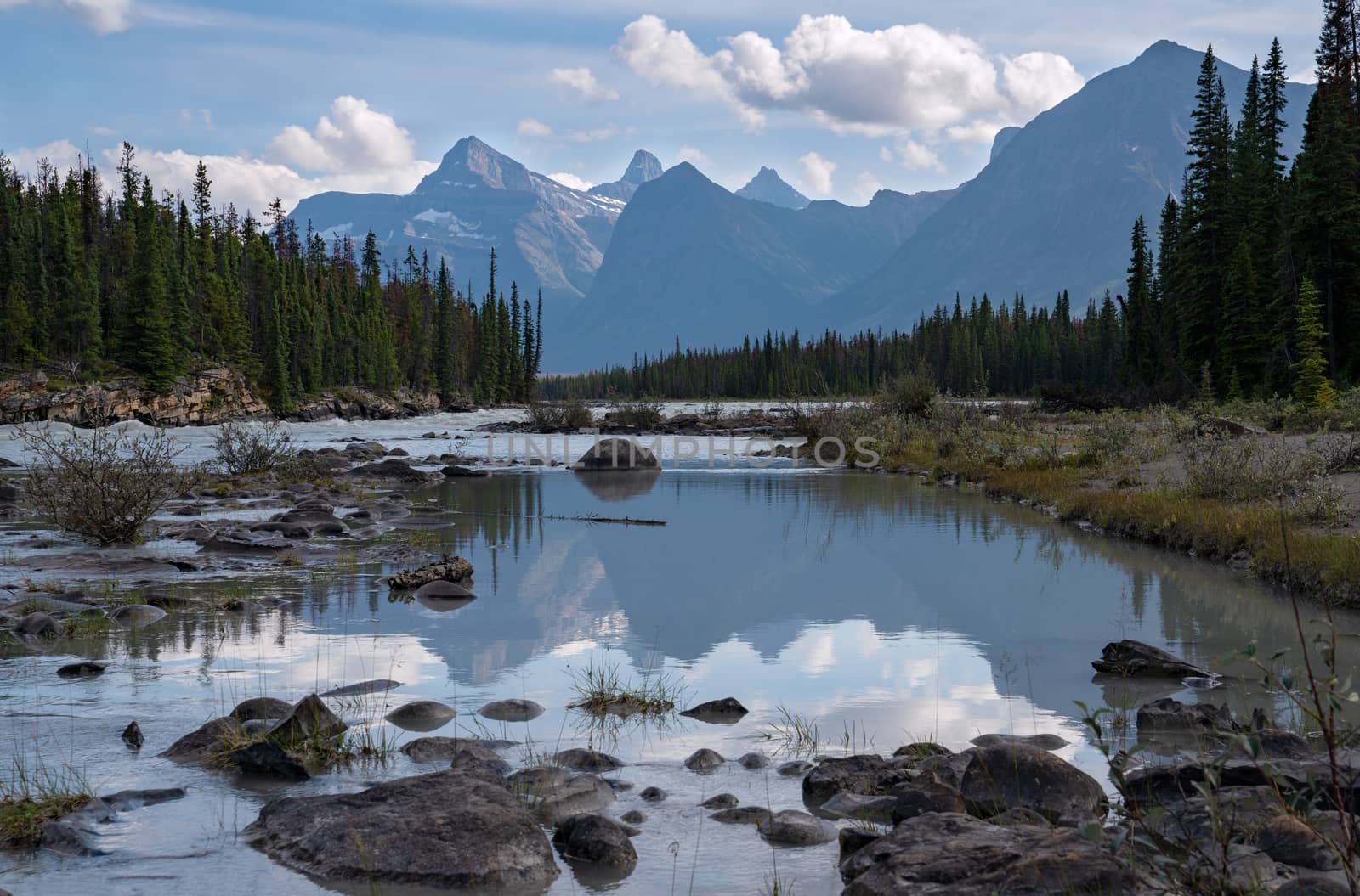 Panoramic image of the Athabasca River, Jasper National Park, Rocky Mountains, Alberta, Canada