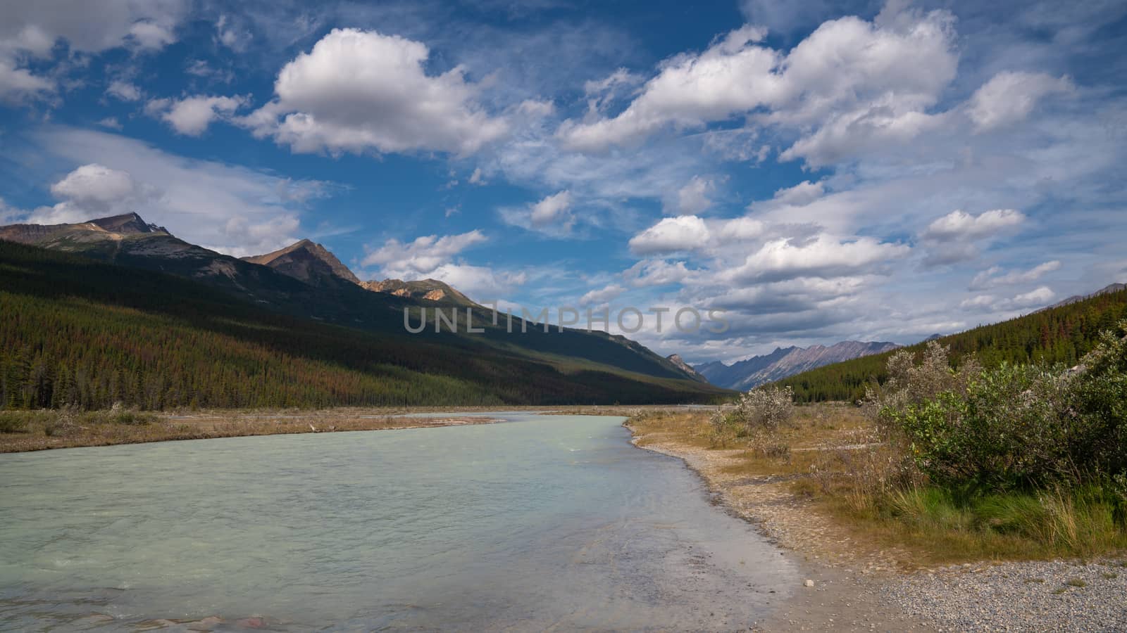 Panoramic image of the Athabasca River, Jasper National Park, Rocky Mountains, Alberta, Canada