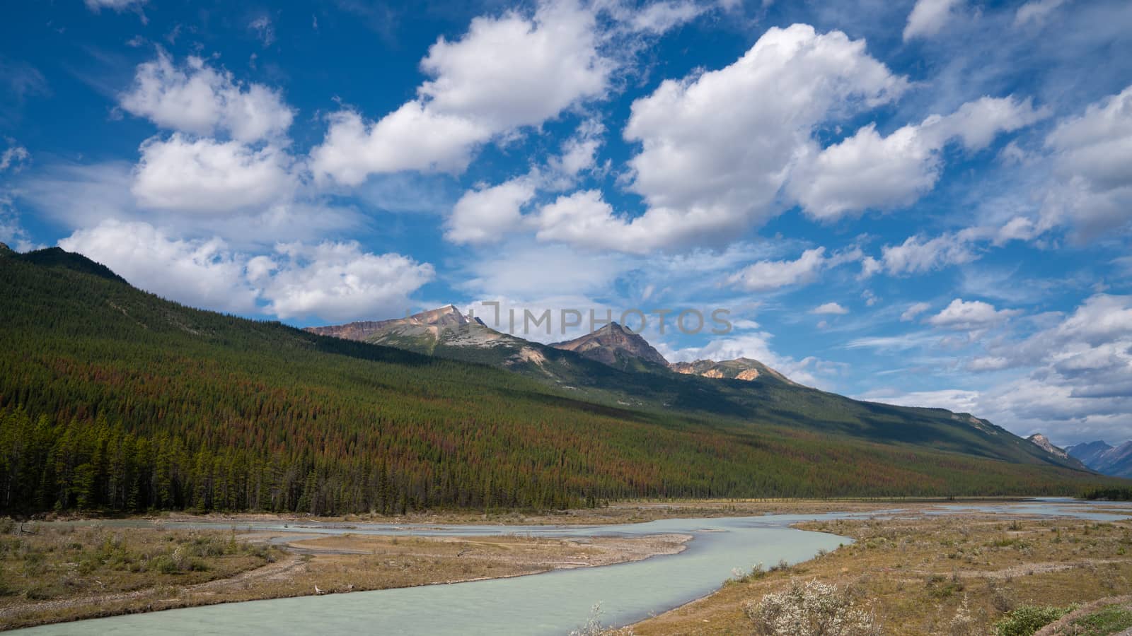 Panoramic image of the Athabasca River, Jasper National Park, Rocky Mountains, Alberta, Canada