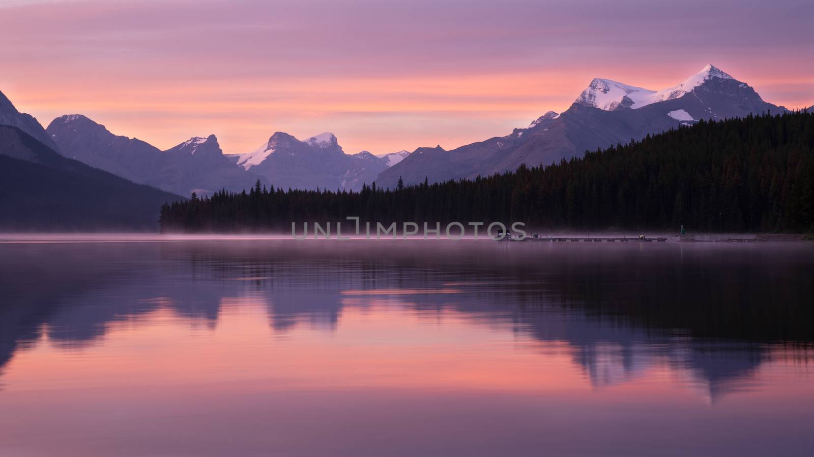 Long exposure panoramic image of the Maligne Lake close to Jasper with early morning mood, Alberta, Canada