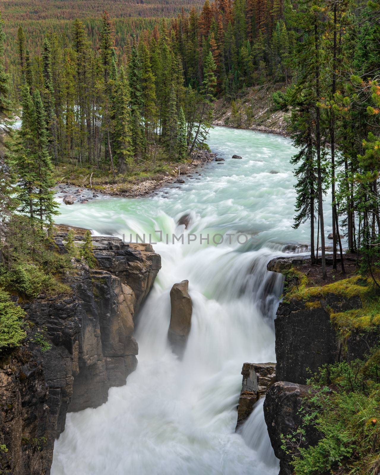 Long exposure image of the Sunwapta Falls, beautiful place close to the Icefields Parkway, Jasper National Park, Alberta, Canada