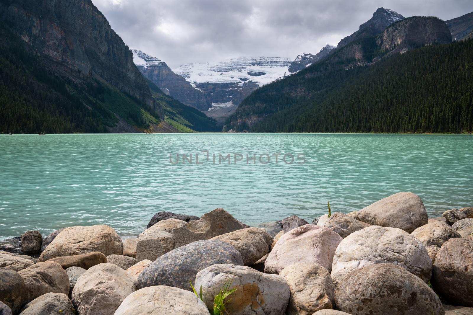 Beautiful Lake Louise on a cloudy day, Banff National Park, Alberta, Canada