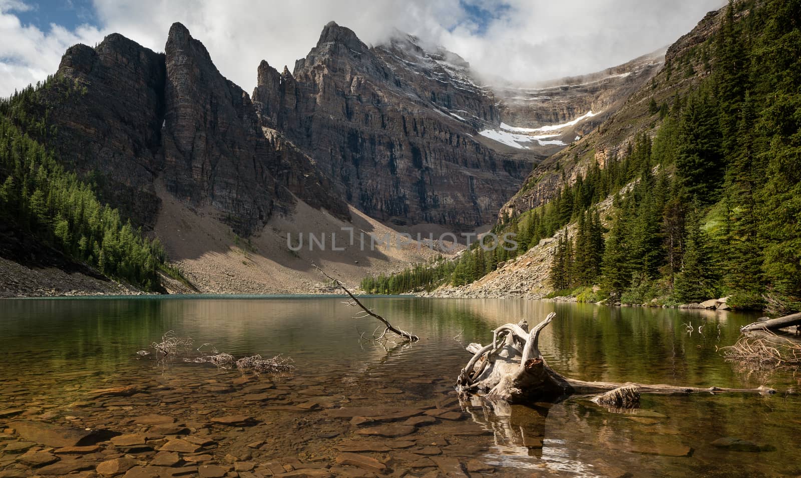 Panoramic image of Lake Agnes, a quiet place surrounded by the Rocky Mountains close to Lake Louise, Banff National Park, Alberta, Canada