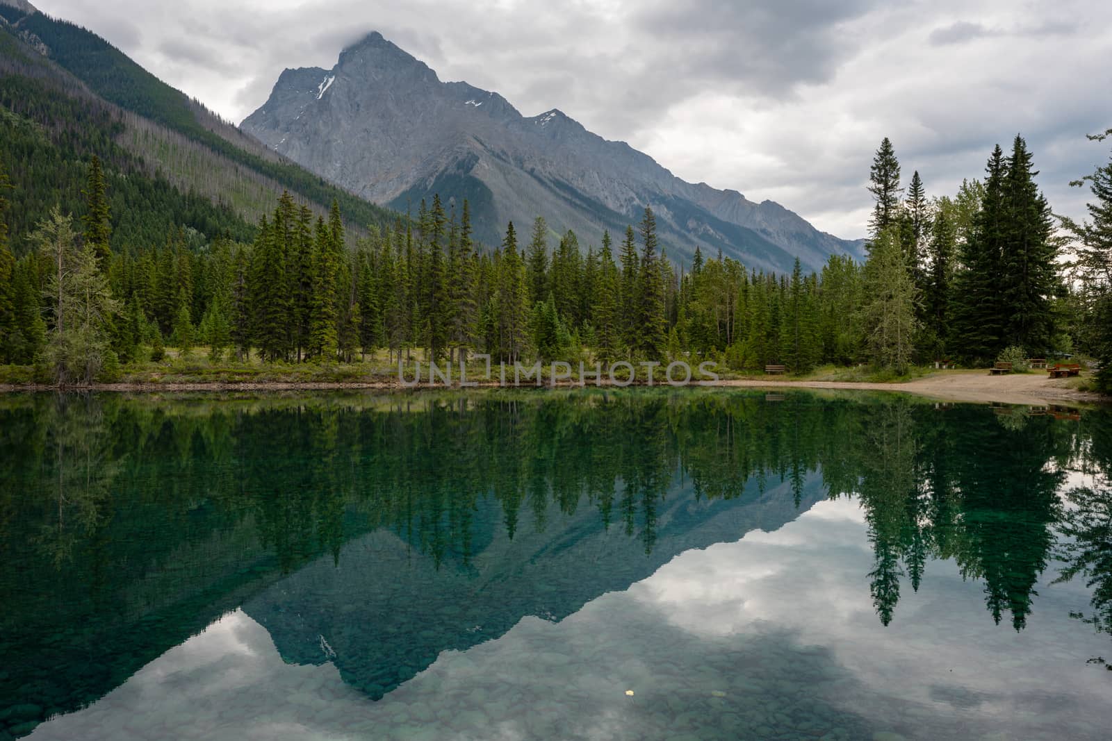 Panoramic image of the Chancellor Peak reflecting in the Feeder Lake, Yoho National Park, British Columbia, Canada