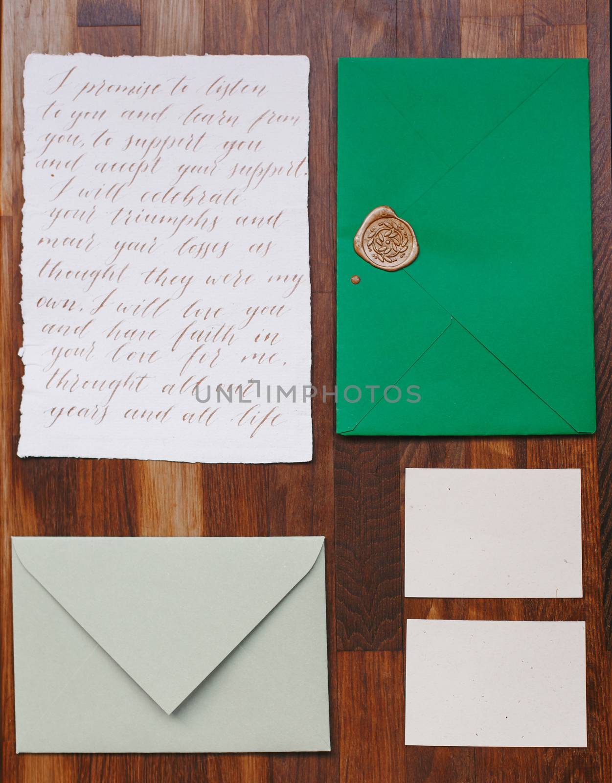 Wedding details flat lay. Wooden background. Wedding invitation. Wedding bouquet. Mock up. Envelope. Copy space. by Denys_N