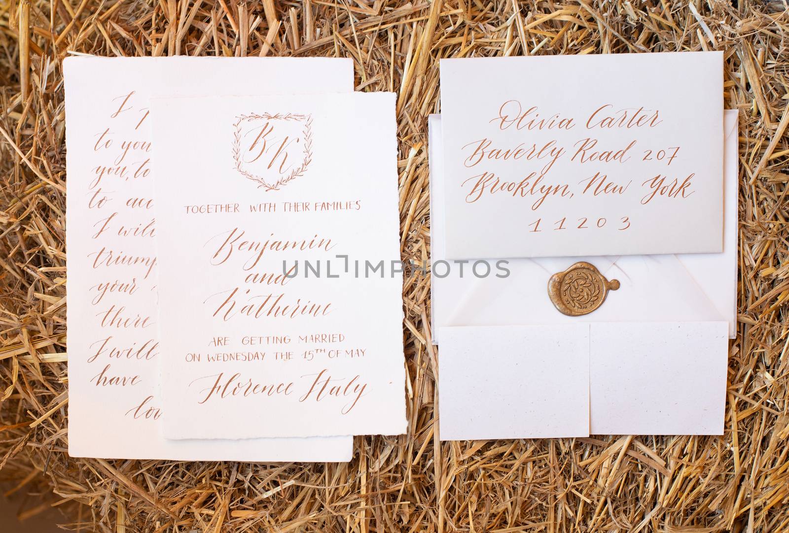 Wedding details flat lay on wooden background. Wedding invitation. Wedding bouquet. Mock up. Envelope. Copy space. by Denys_N