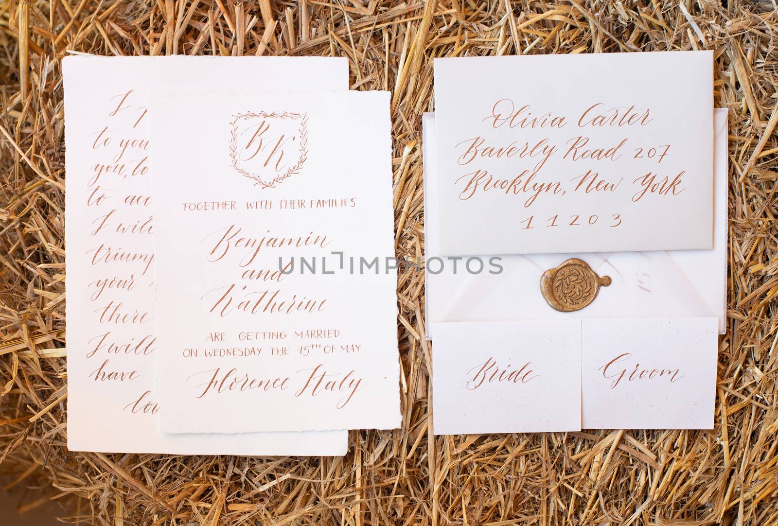 Wedding details flat lay on wooden background. Wedding invitation. Wedding bouquet. Mock up. Envelope. Copy space. by Denys_N