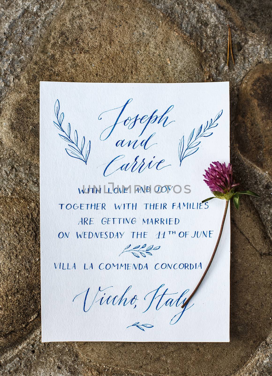 Wedding details flat lay on stone background. Wedding invitation. Ring box. Mock up. Copyspace. by Denys_N