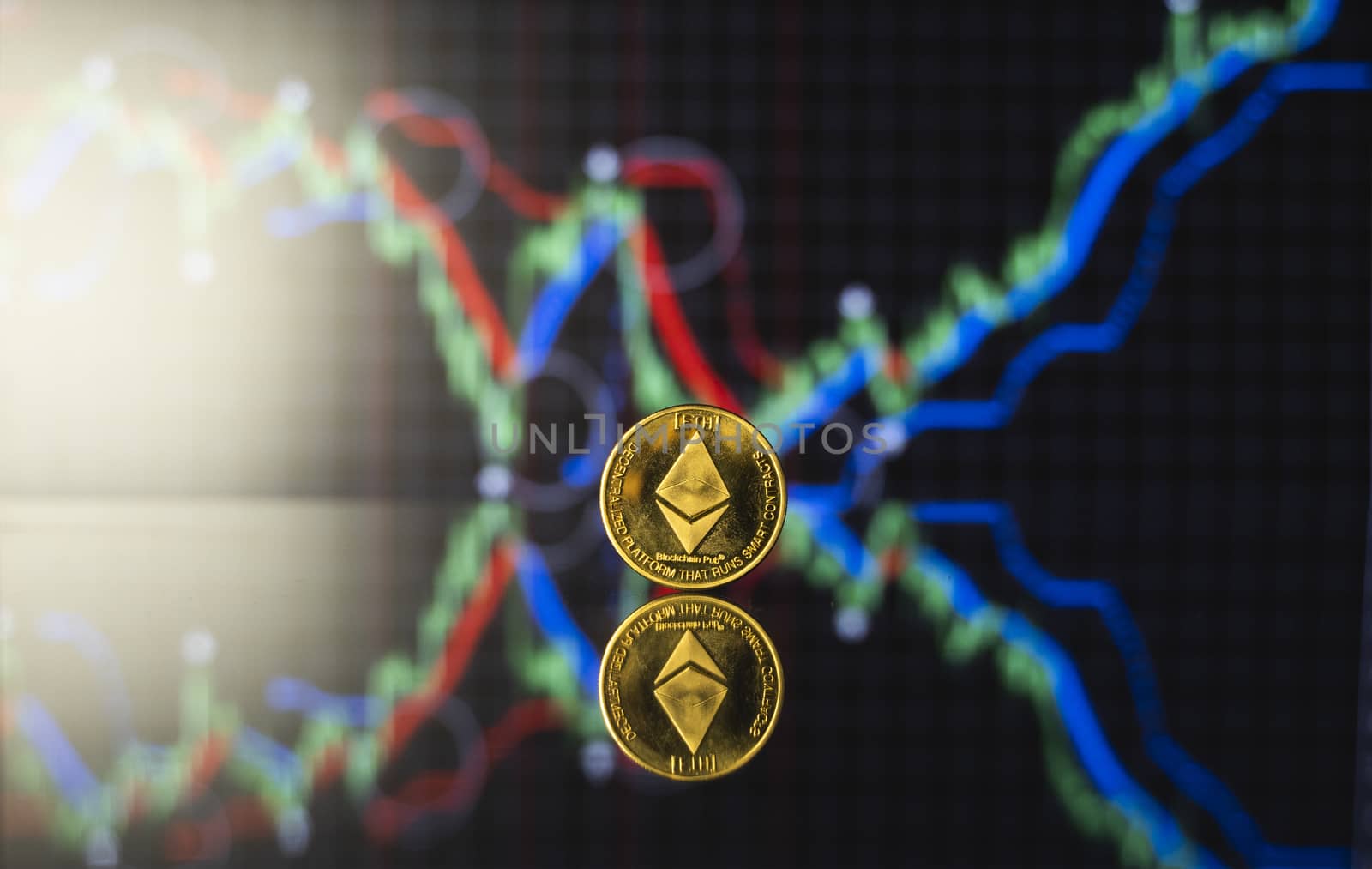 Bitcoins and virtual money concept. Gold ethereum with chart of growing and falling valuance of a cryptocurrency. Mining or blockchain technology. Mining of bitcoins online bussiness. Trading