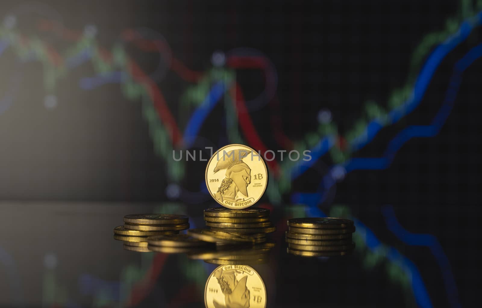 Titan bitcoin and virtual money concept. Gold Titan on a stack of coins with chart of growing and falling valuance of a cryptocurrency. Mining or blockchain technology