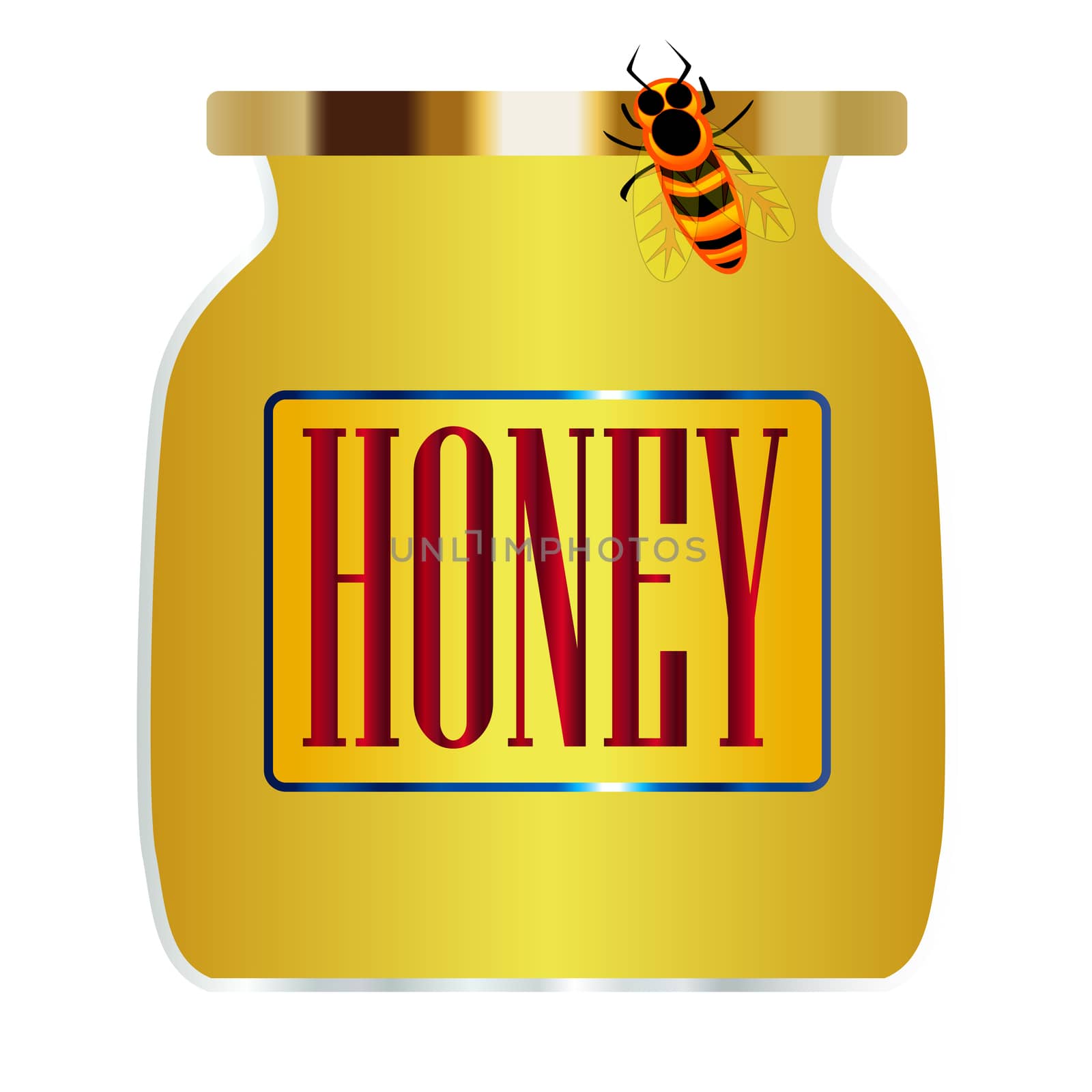 A jar of honey with a bee over a white background