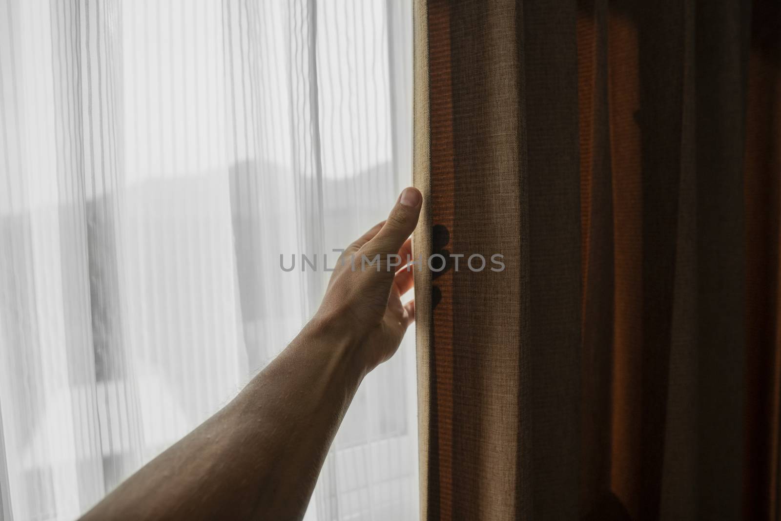 Men hand opening curtain in bed room. by vovsht