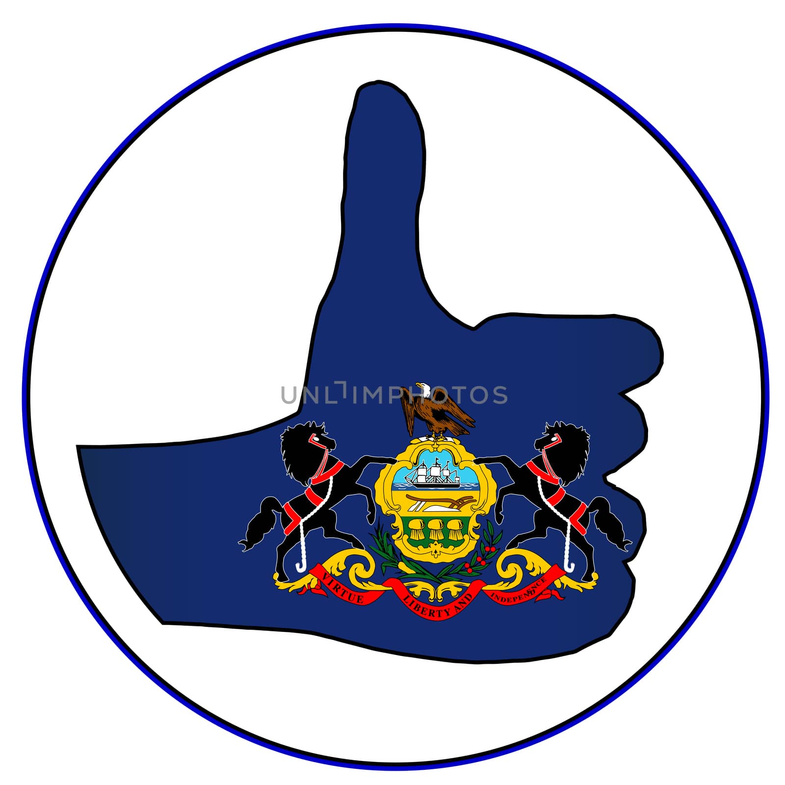 Pennsylvania Flag hand giving the thumbs up sign all over a white background