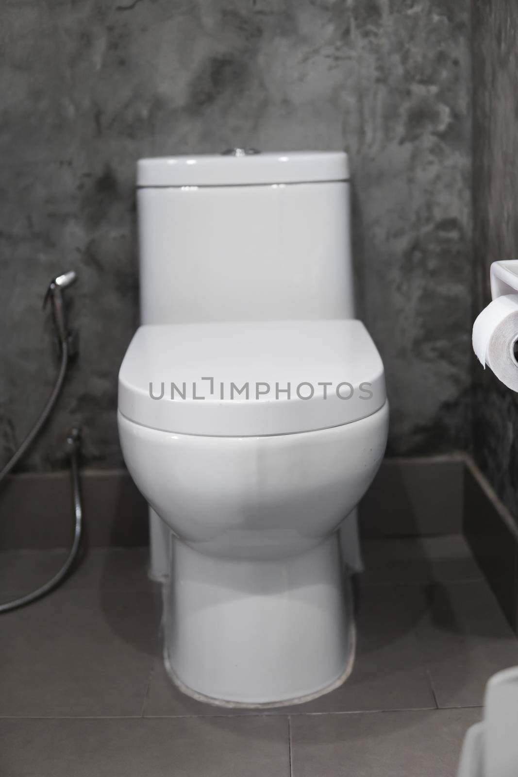 White hanging toilet seat on white toilet in the home bathroom with grey tiles in concrete style and toilet paper on the wall. Bathroom luxury interior