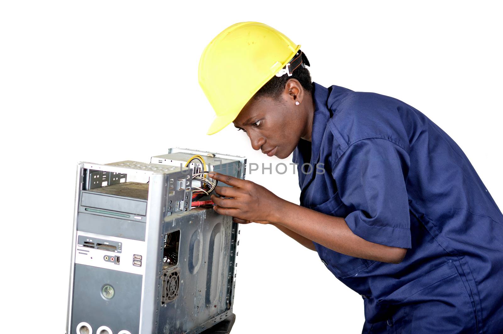 Computer maintenance technician tests the electrical circuits of the computer.