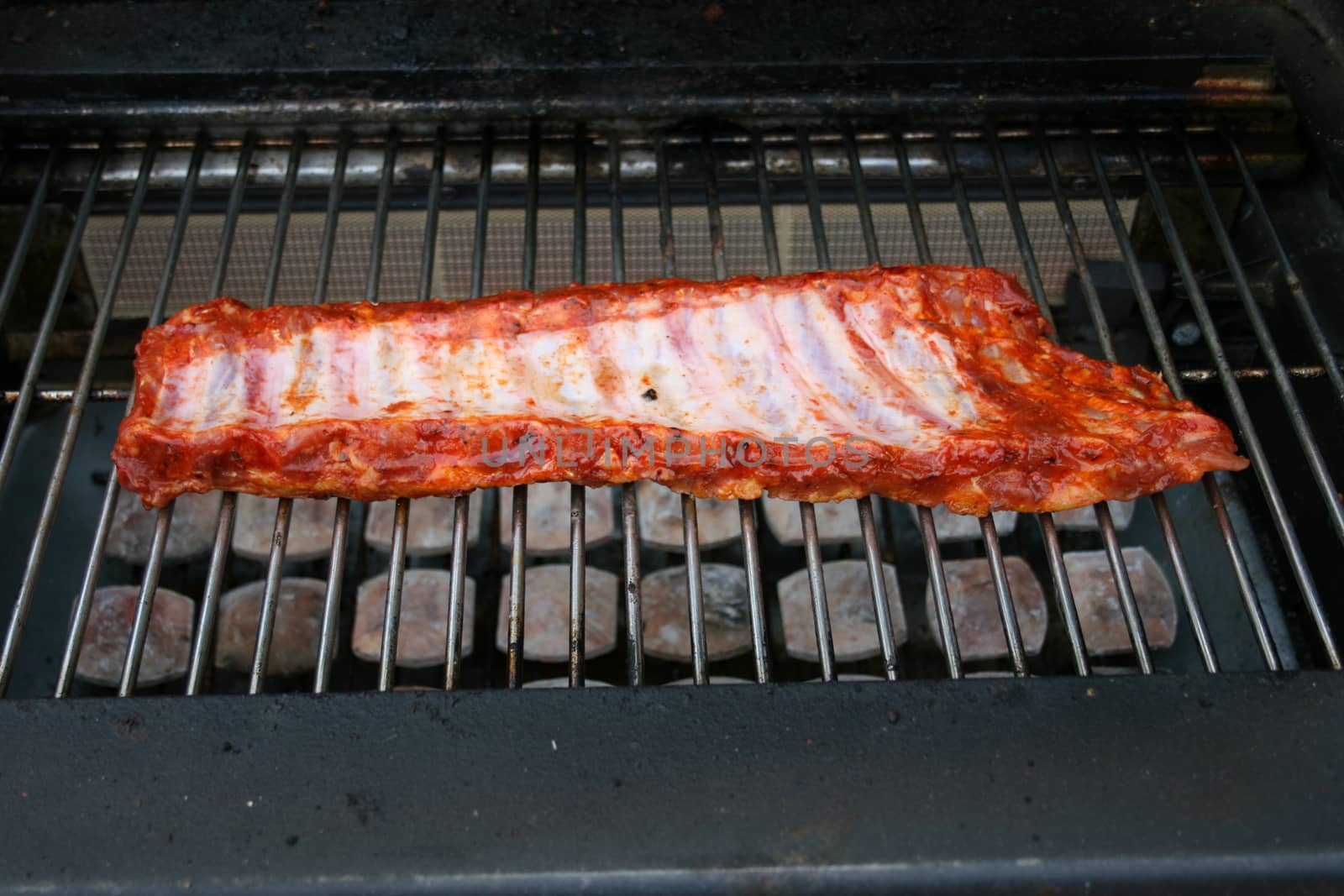 A large still raw piece of meat on a gas grill
