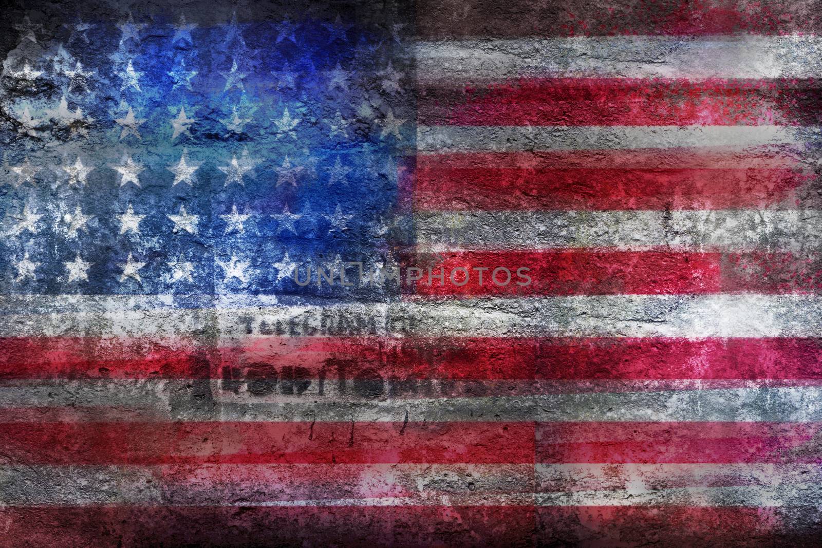 Grunge US flag on stone surface background closeup by SlayCer