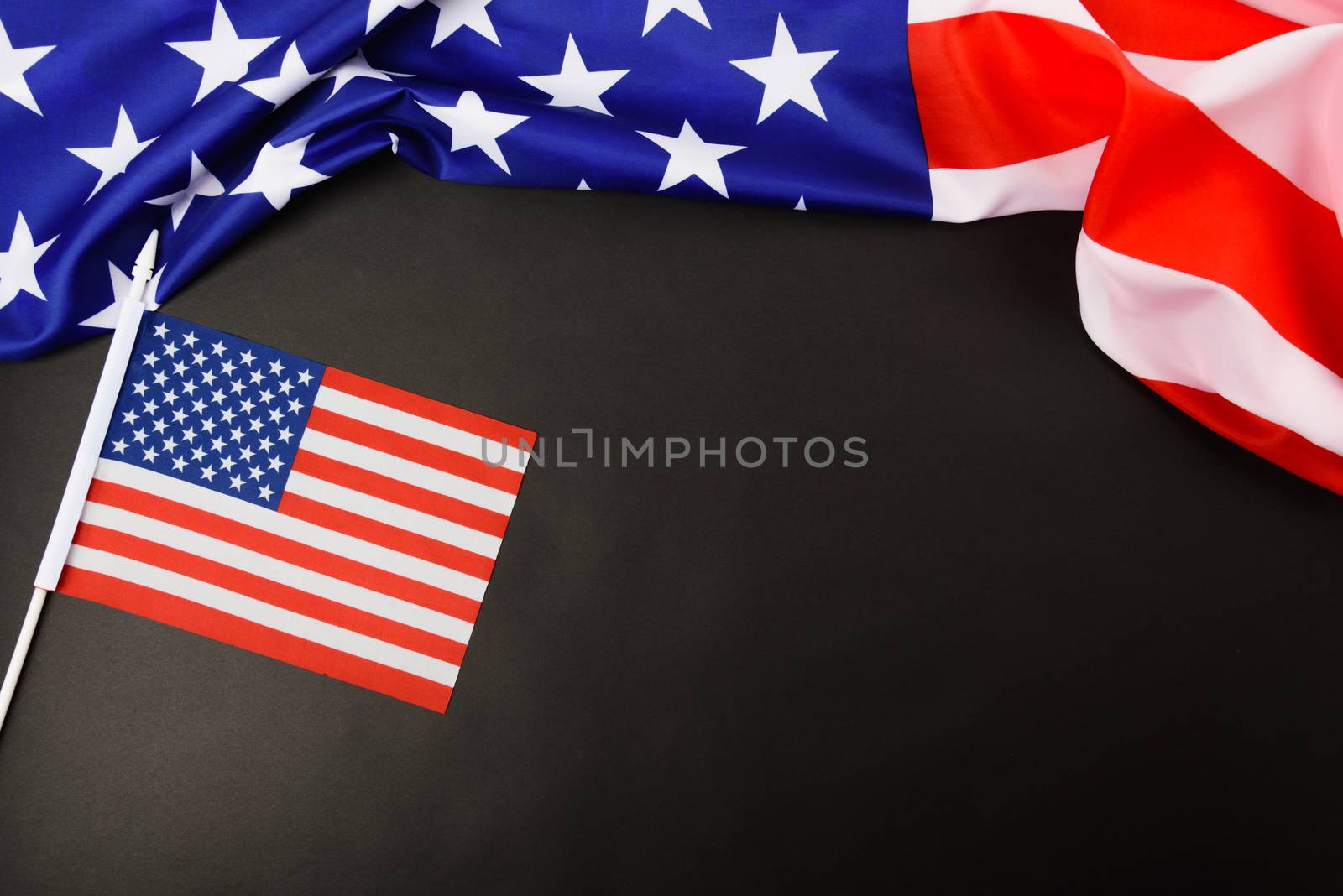 Martin luther king day, flat lay top view, American flag democracy on black background with copy space for your text