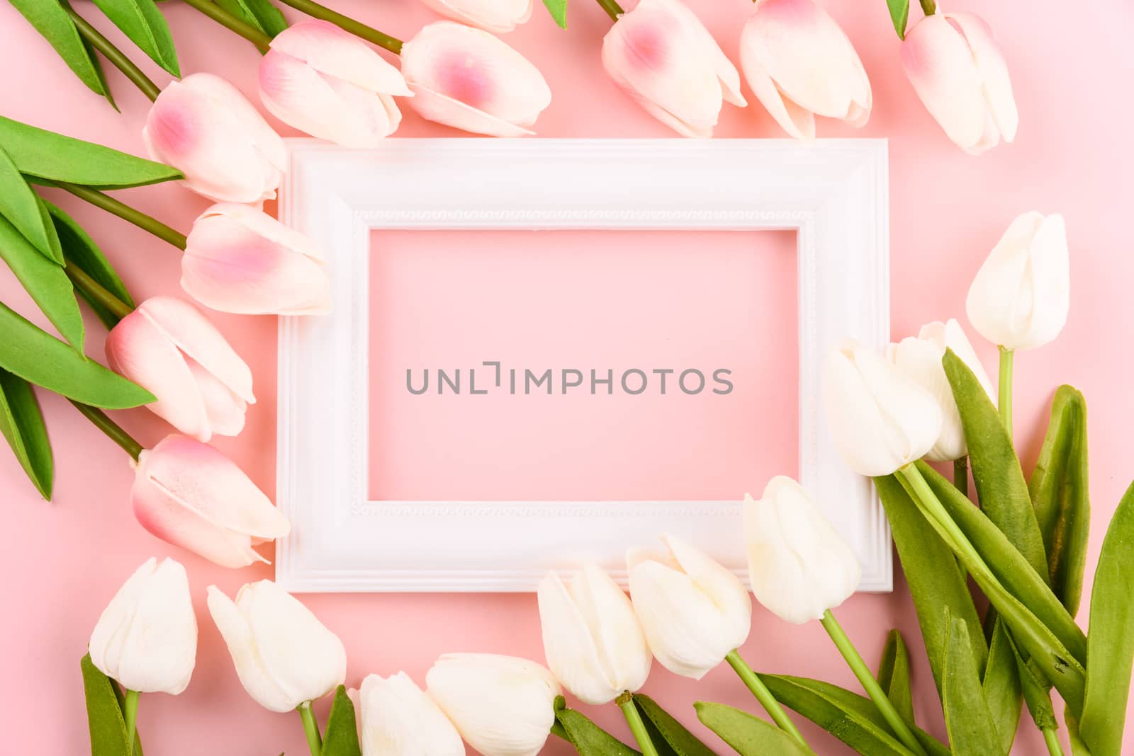 Happy Women's Day, Mother's Day concept. top view flat lay Tulip flower and photo frame on pink background, copy space for your text