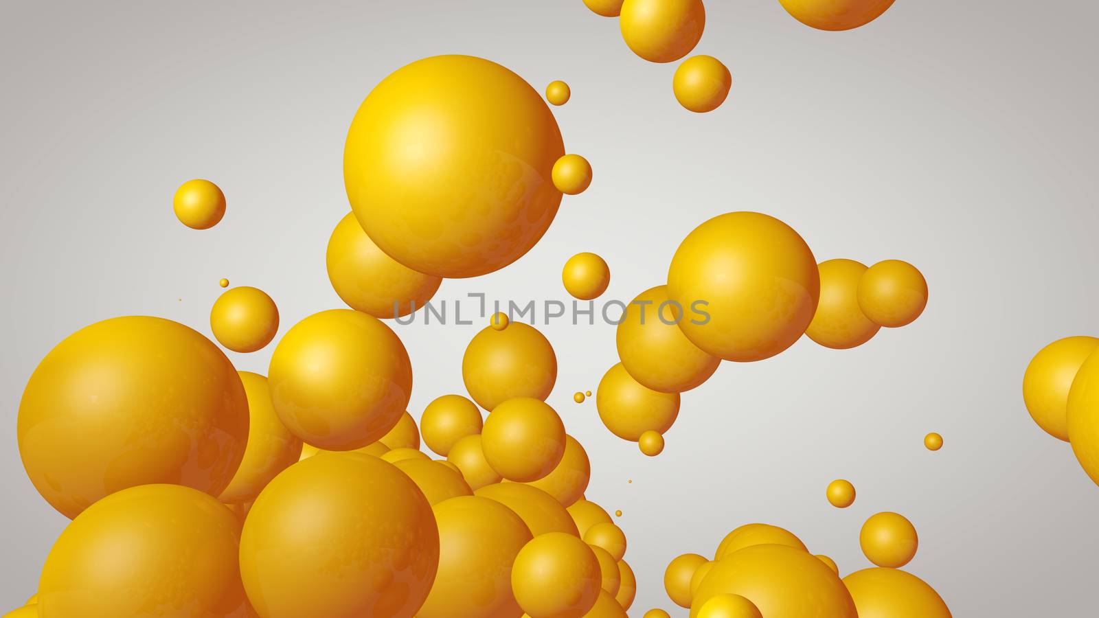 3d rendering Spheres Abstract background glossy Yellow bubbles balls on white background