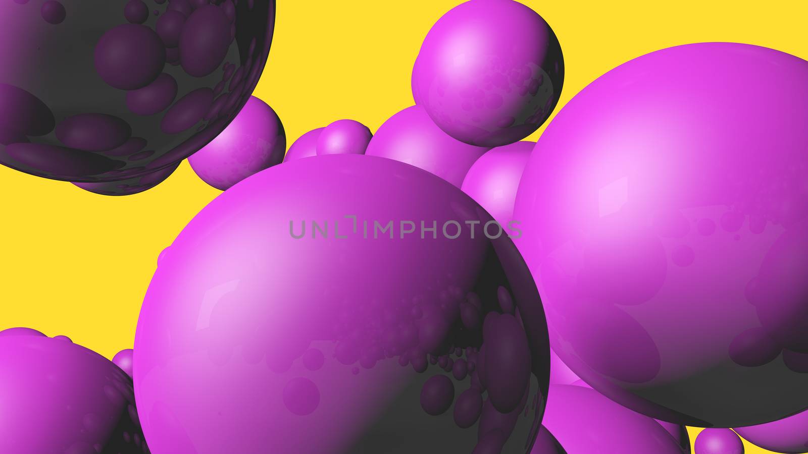 3d rendering Spheres Abstract background glossy Pink bubbles balls on yellow background