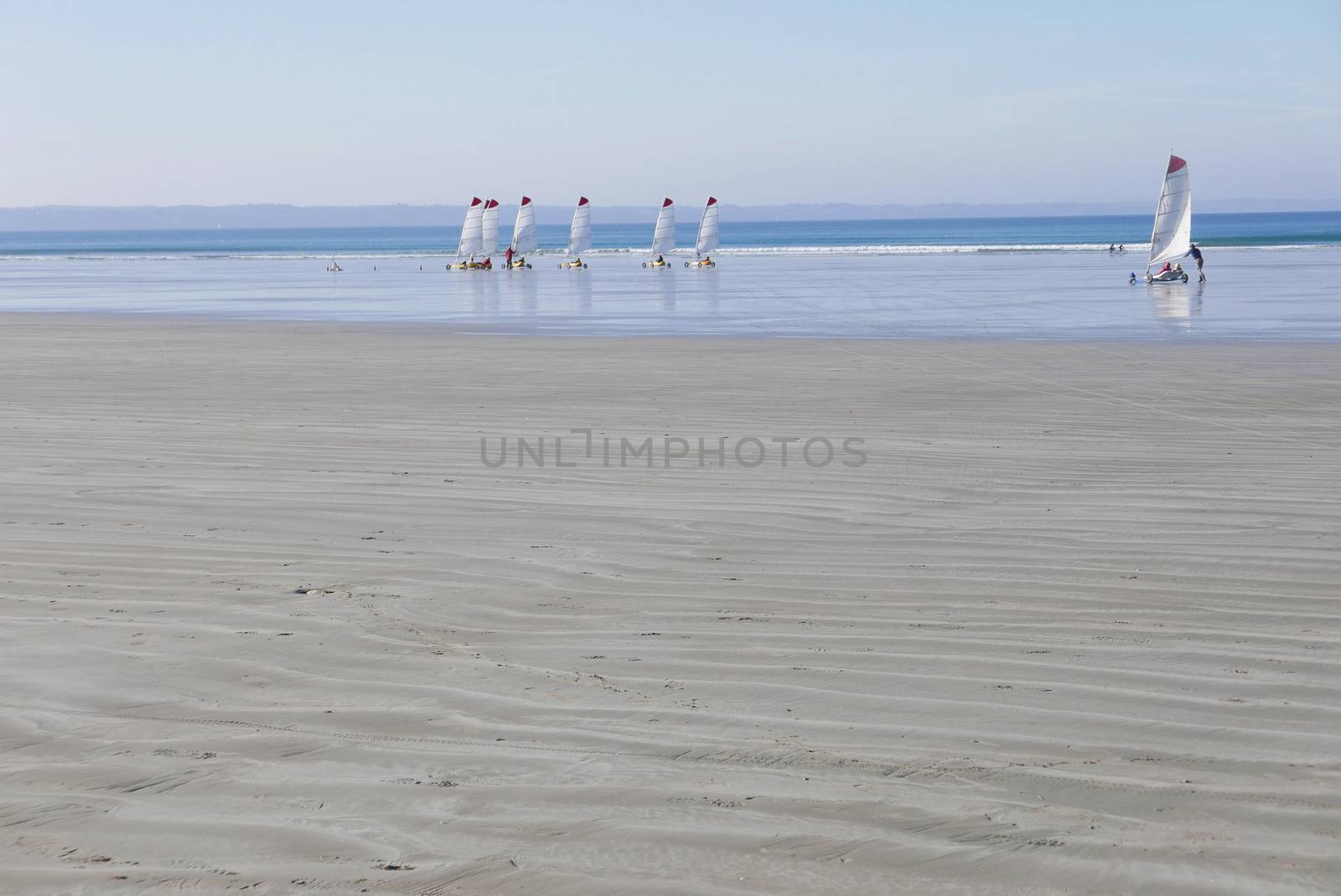 sand yachting on the beach of Pentrez in finistere. sandy beach in Brittany