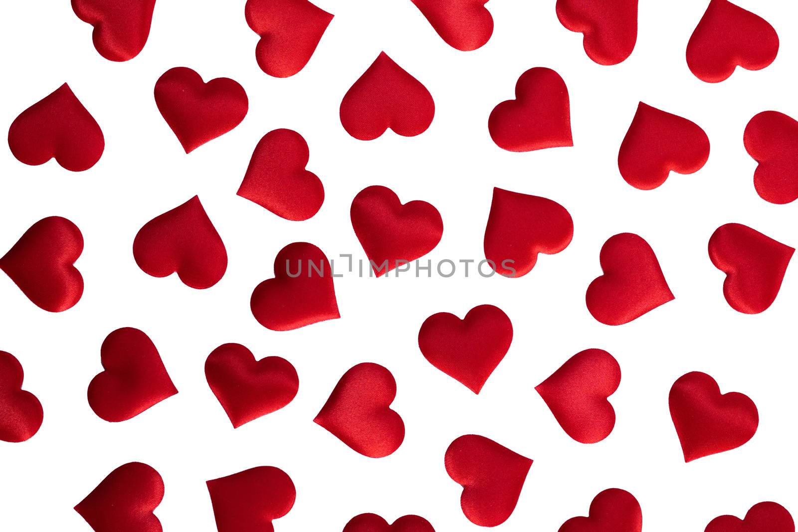 Valentine's day many red silk hearts isolated on white background, love concept