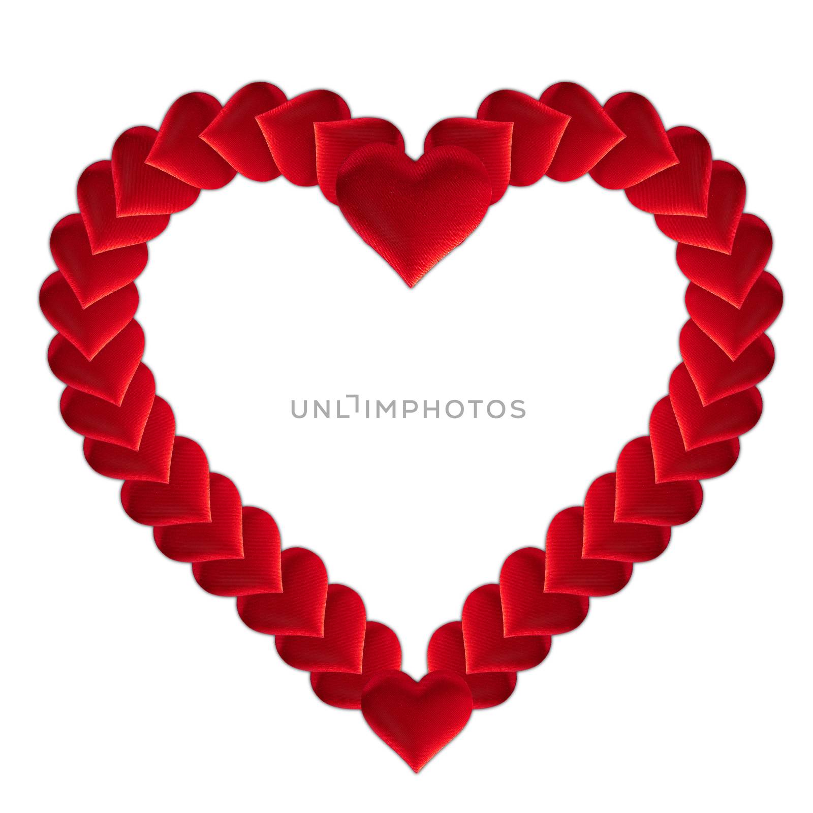 Valentine's day many red silk hearts in heart shape isolated on white background, love concept
