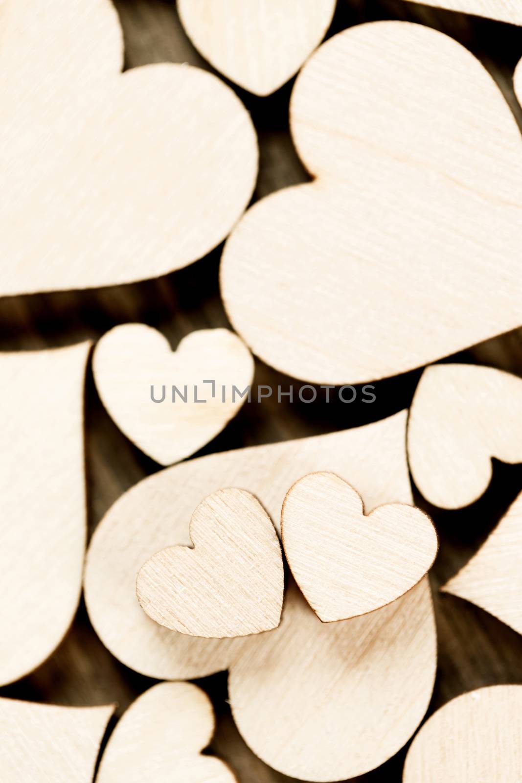 Many wooden colorless hearts background, two special ones true love concept