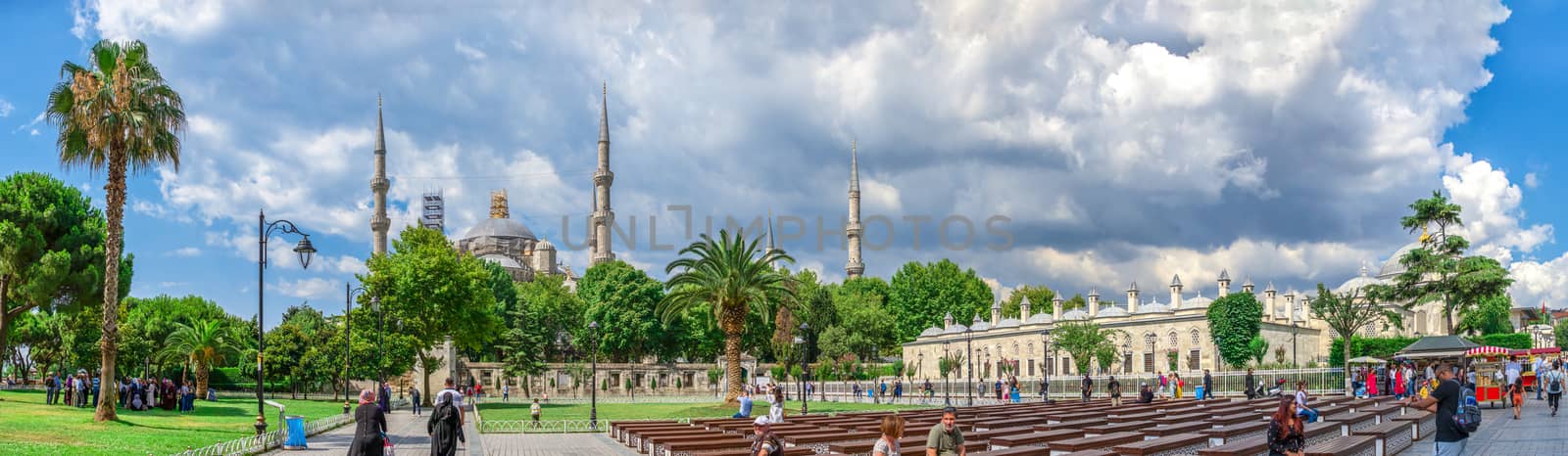 Istambul, Turkey – 07.12.2019. The Sultan Ahmad Maydan with the Blue Mosque in background on a cloudy summer day, Istanbul, Turkey