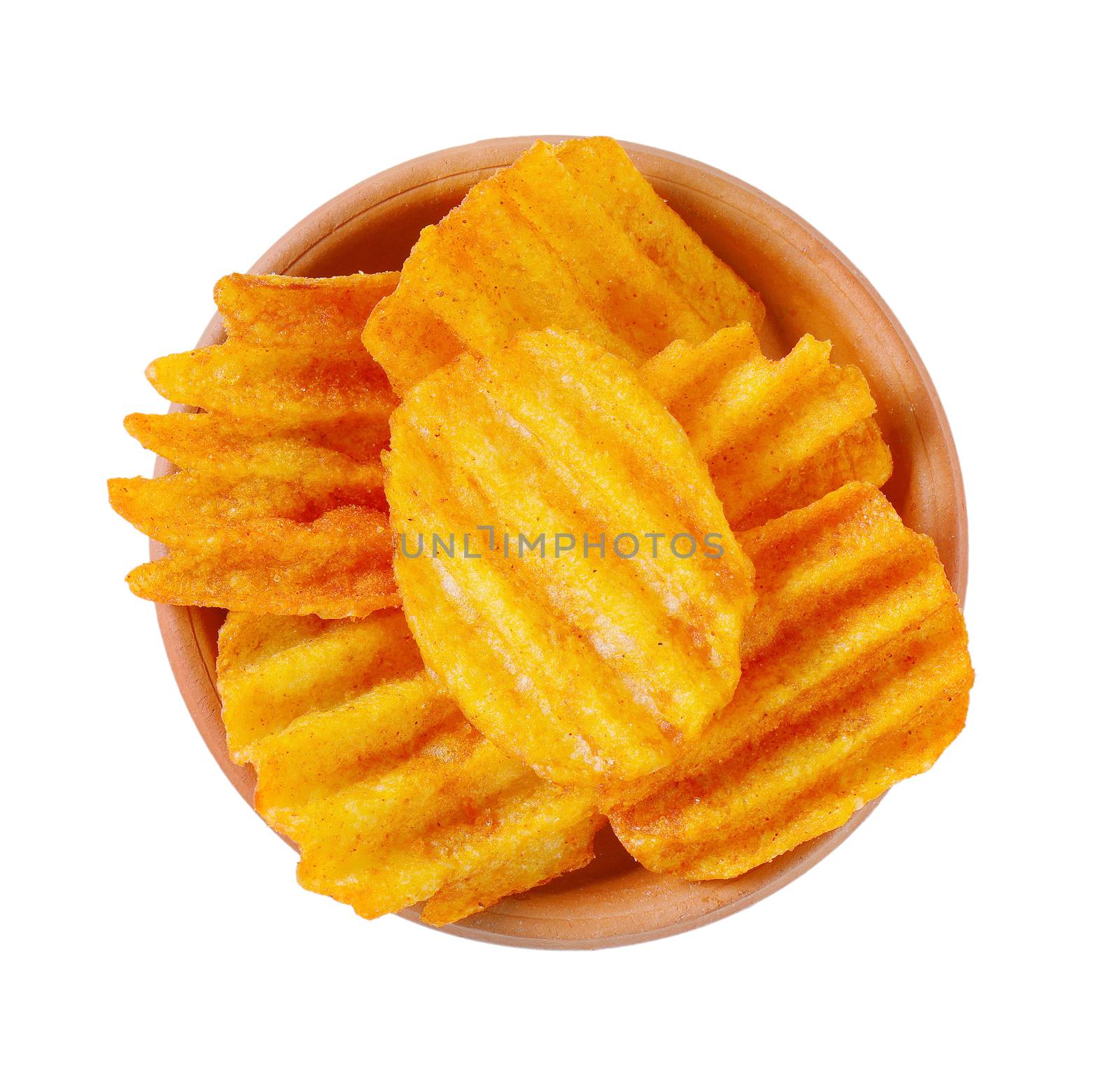 bowl of fried potato chips on white background