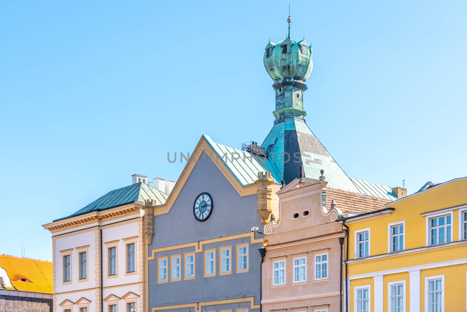 Chalice house - historical renaissance building with chalice-shaped dome on the roof, Litomerice, Czech Republic.