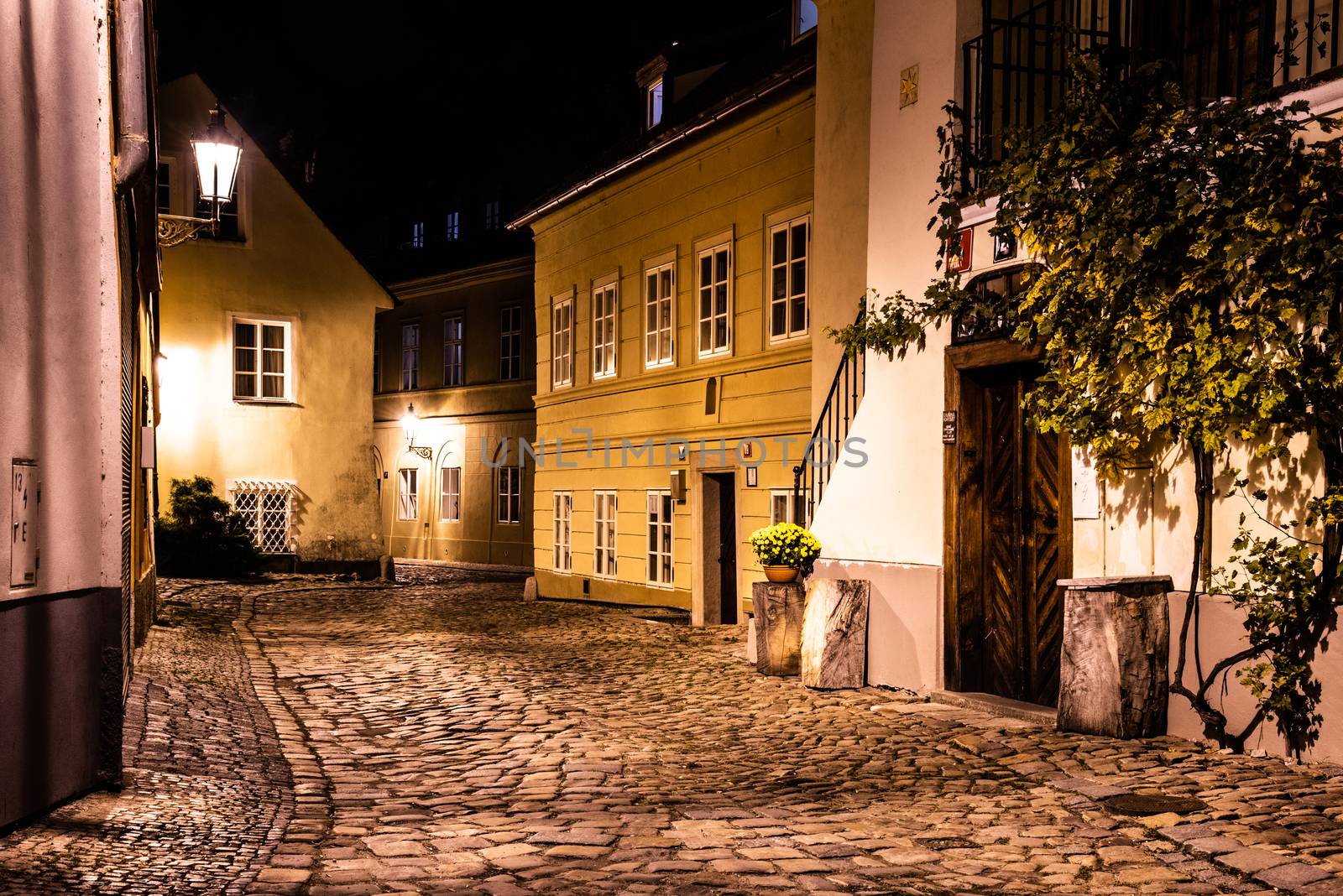 Narrow cobbled street in old medieval town with illuminated houses by vintage street lamps, Novy svet, Prague, Czech Republic. Night shot by pyty