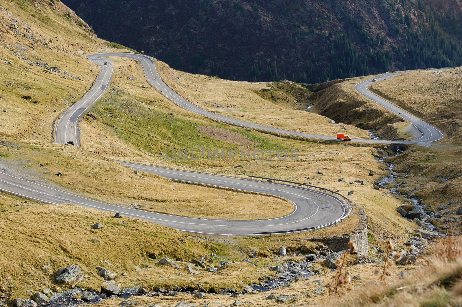 View to Transfagarasan road. It is a paved mountain road crossing the southern section of the Carpathian Mountains of Romania. It has national-road ranking and is the second-highest paved road in the country after the Transalpina.