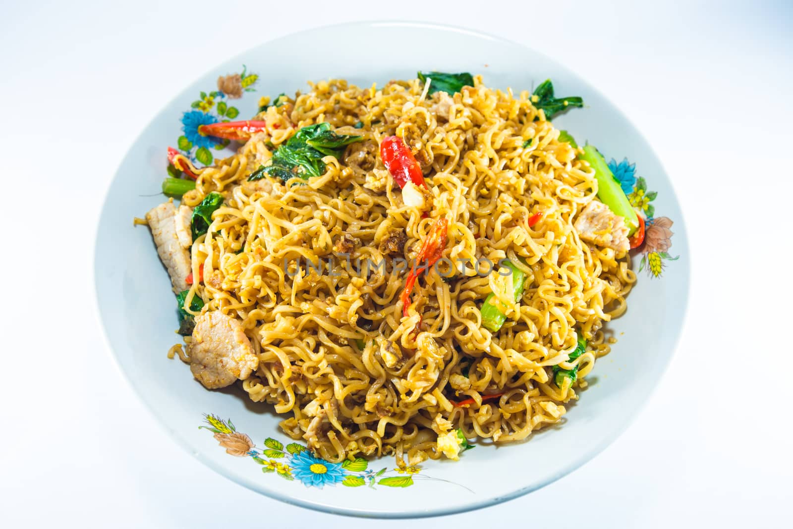 fried noodles on white background.